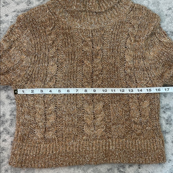 PILCRO Anthropologie Gold Sparkle Turtleneck Cable Knit Crop Sweater Size SM - Picture 12 of 13